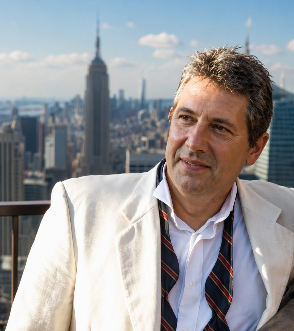 Freddy, close-up magician, on a rooftop overlooking the New York skyline