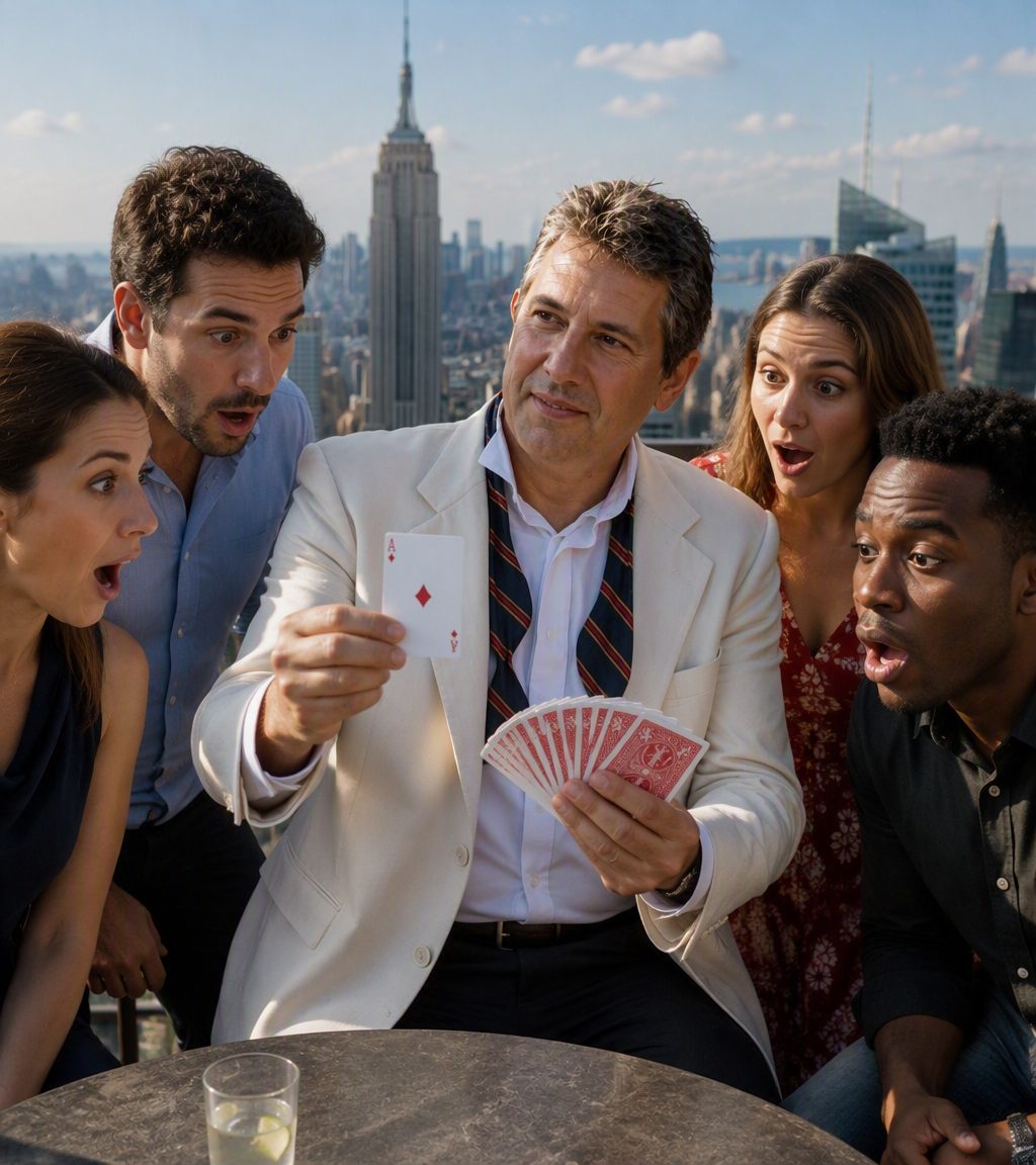 Freddy performing a card trick for a group of guests, holding an Ace of Diamonds up as onlookers react in astonishment