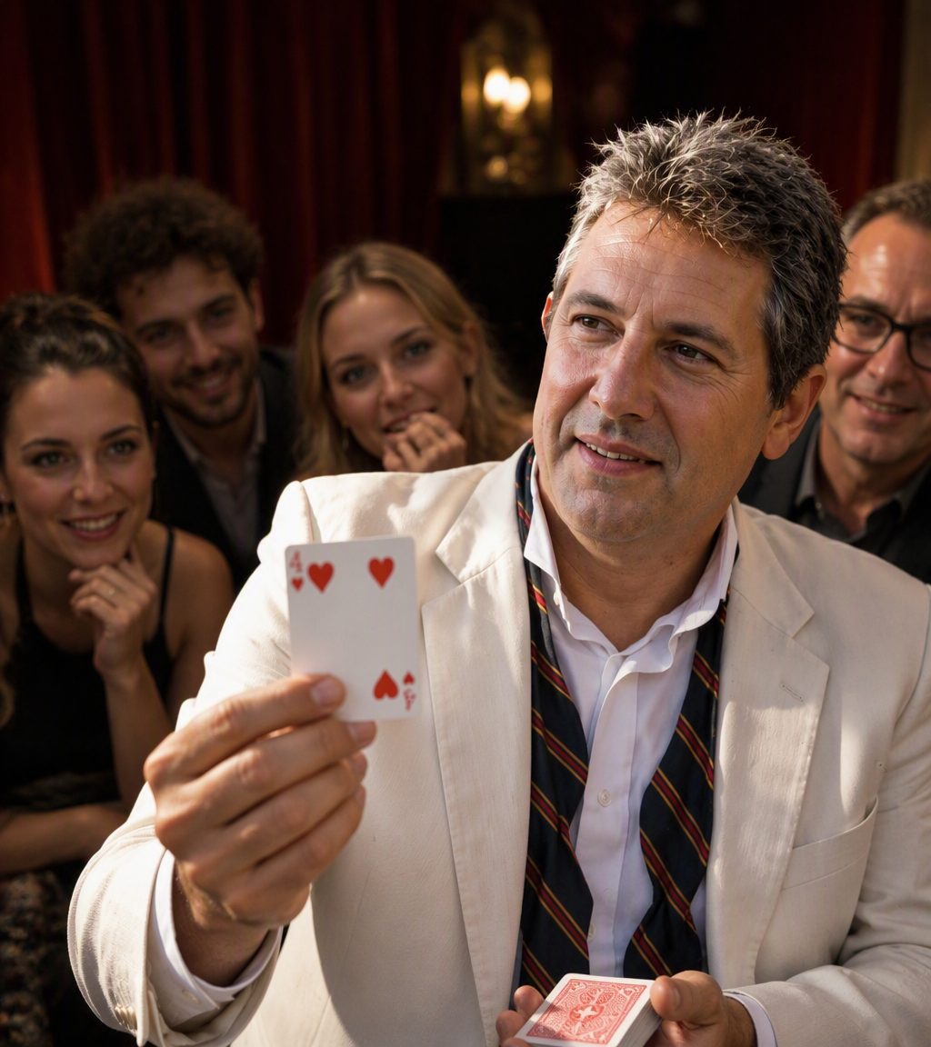 Freddy holding up a chosen card, the Four of Hearts, in front of an amused seated crowd against a red theatre curtain