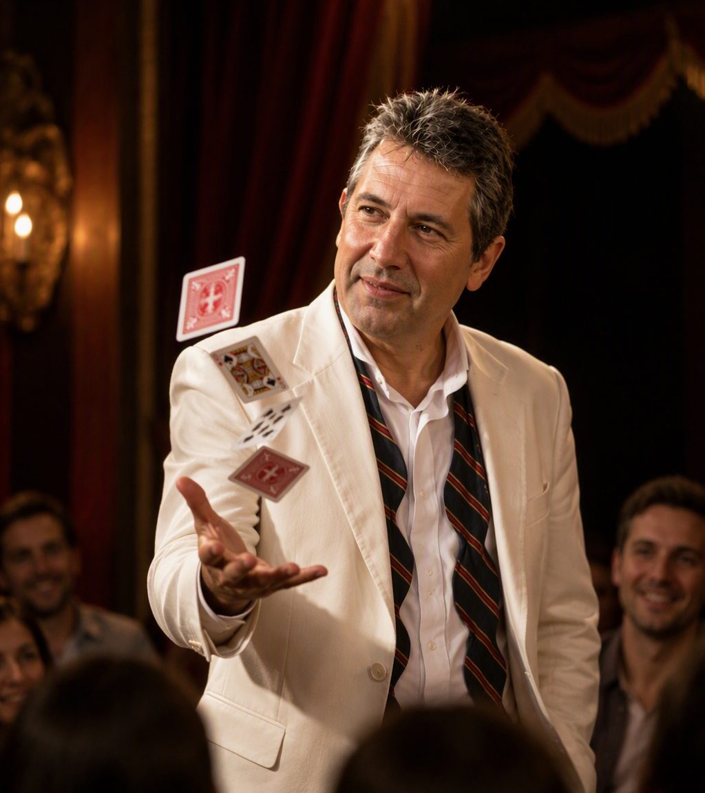 Freddy tossing playing cards into the air mid-routine, smiling, with the audience laughing behind him